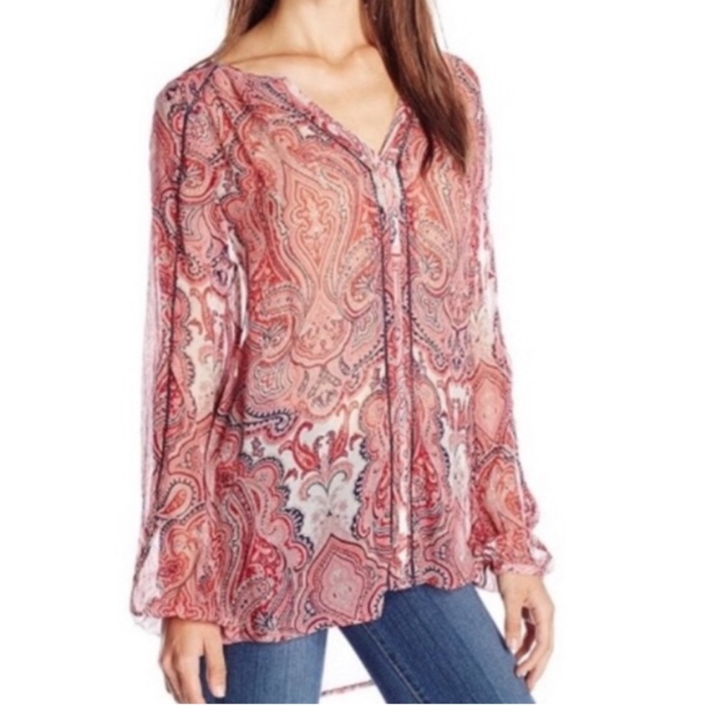 Lucky Brand red pink paisley printed sheer peasant blouse - Picture 1 of 8